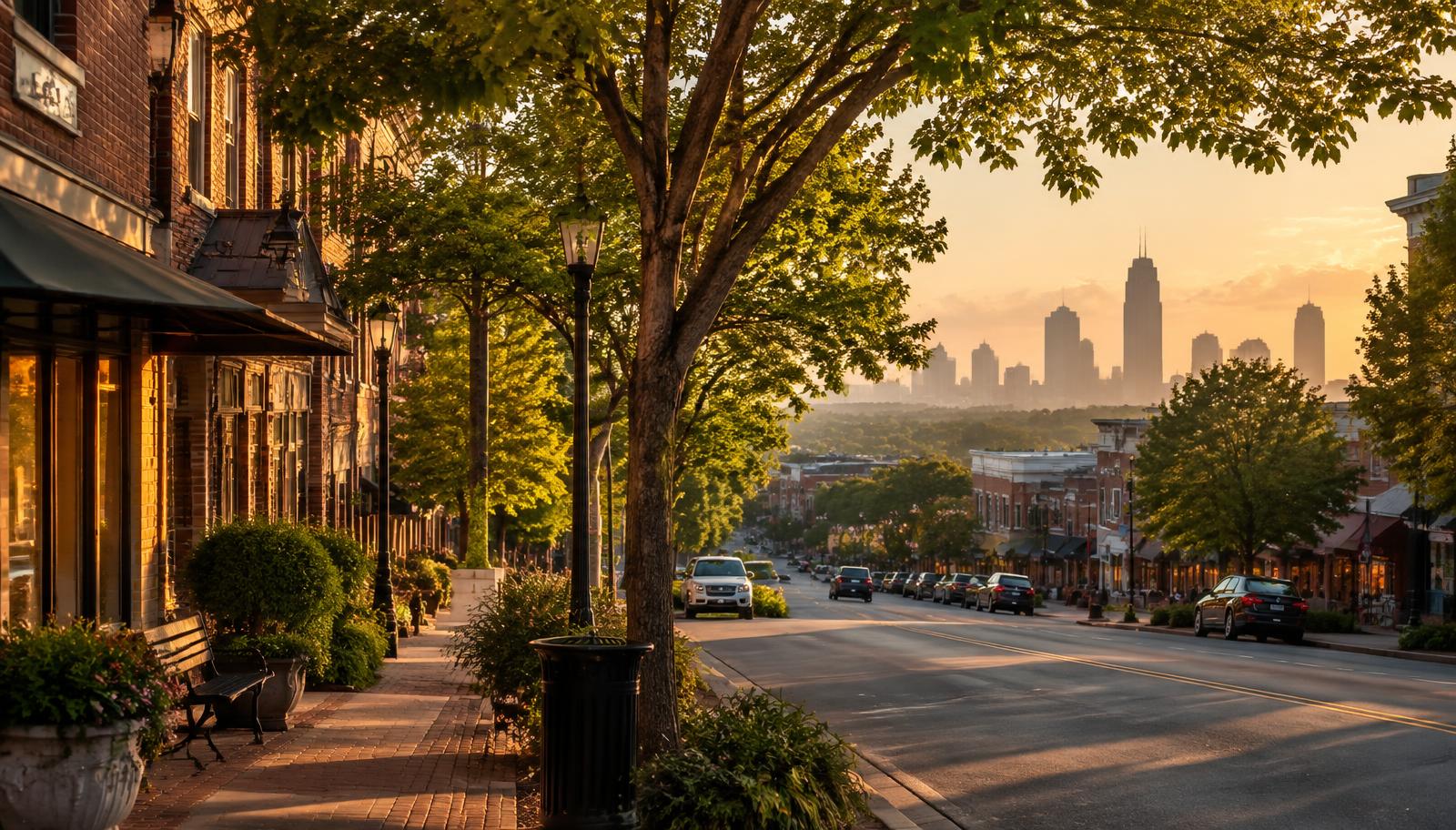 Tree-lined small-town main street in South Charlotte at golden hour